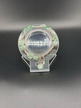 Green Beaded Charm Bracelet - Silver Accents